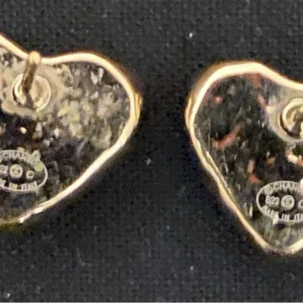 CHANEL Gold Heart Earrings Studs with Black CC Emblem and Paper Insert